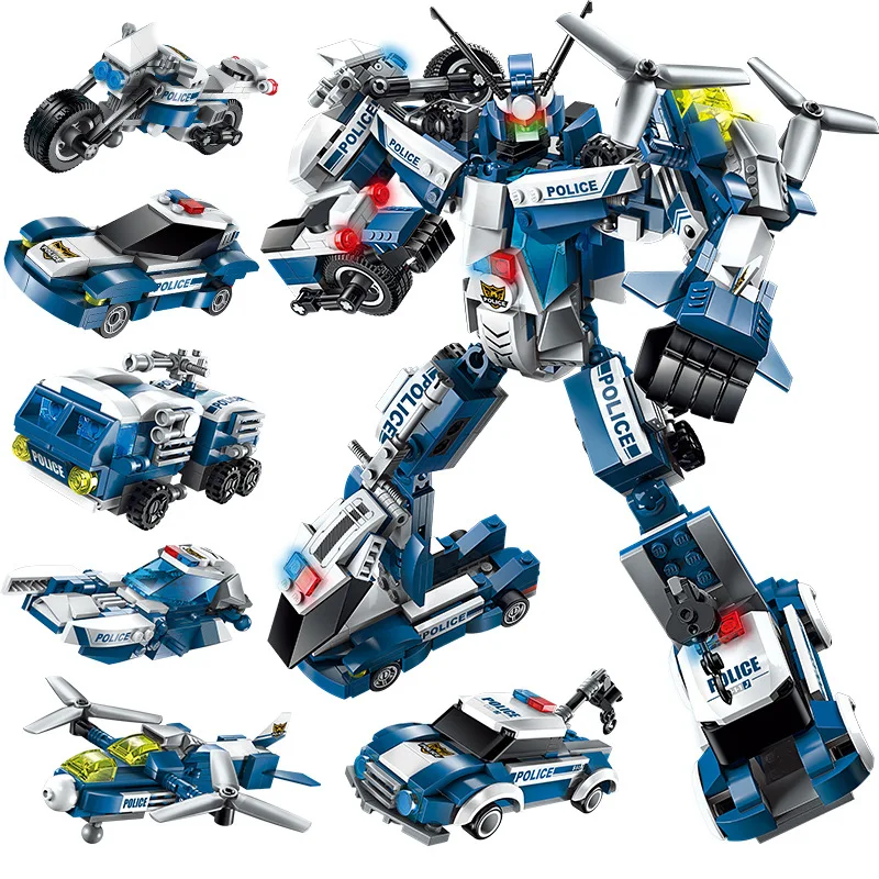 

6 In 1 Future City Combinatorial Deformable Police Toy Car Transformation Robot Military Building Blocks Model Child Boy Gift