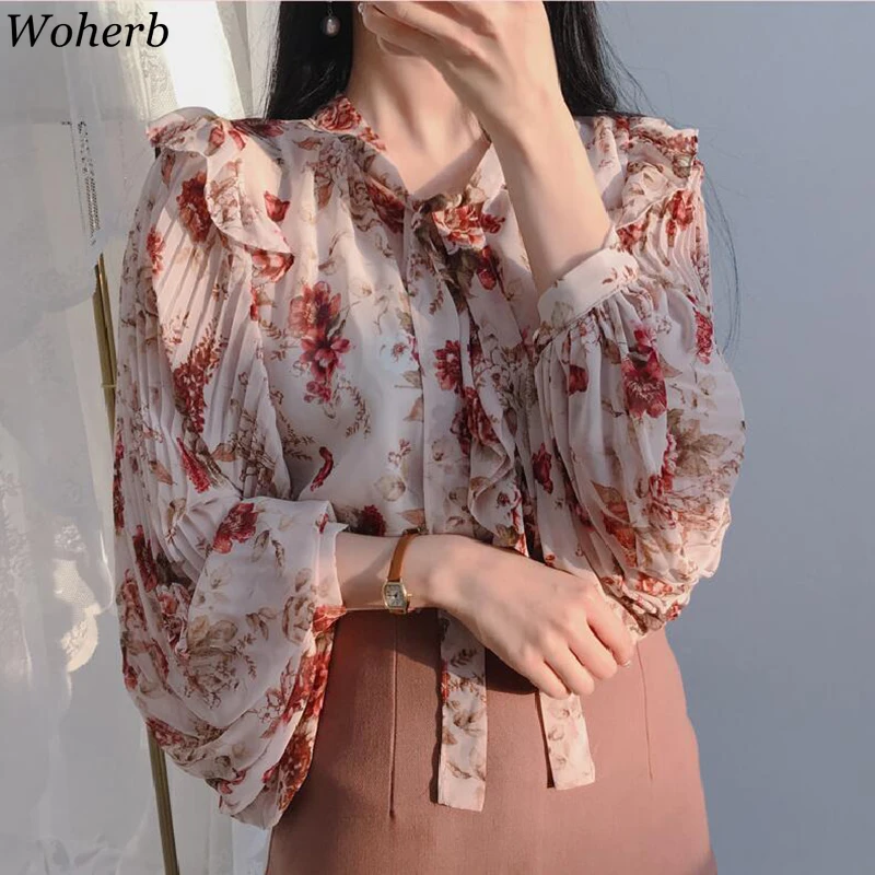 

Woherb Elegant Women Chiffon Blouses Lantern Sleeves Floral Print Vintage Shirts Korean Loose Pleated Ruffle Femme Tops Clothes