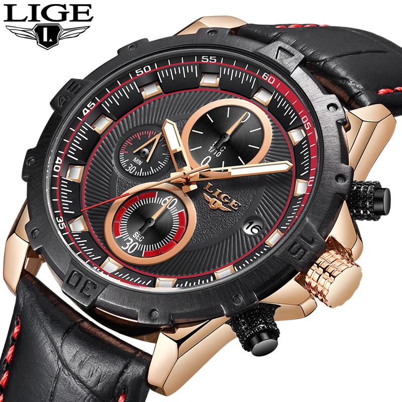 Nouvelle Marque De Luxe LIGE Hommes Montres режим Etanche кожаный кварцевые военный Chronographe спортивные