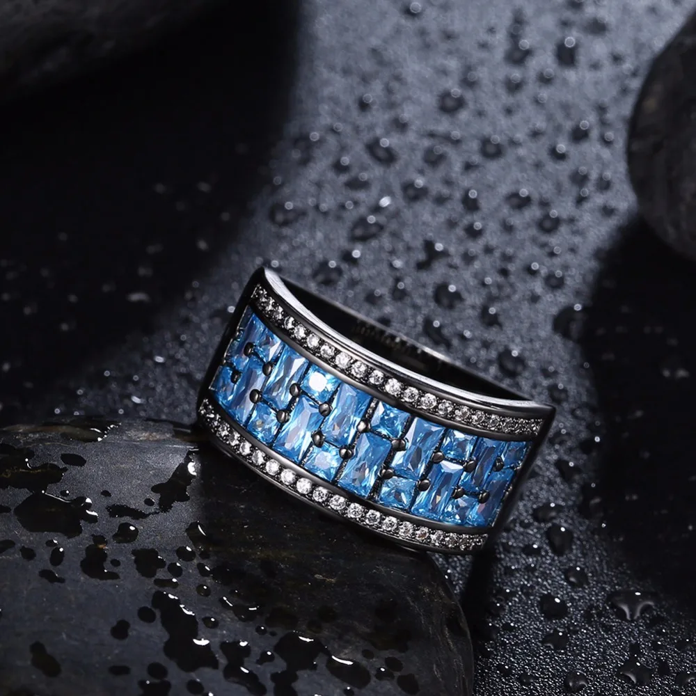 Luxurious Square Blue Cubic Zirconia Party Ring Accessorise Black Gun Color Rings For Womens Fashion Jewelry (JewelOra RI103314)