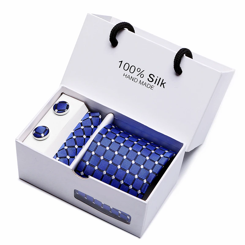 

2018 Mens Tie Blue Novelty 100% Silk Fashion Necktie Hanky Cufflinks Ties For Men 2 pcs/lot wholesale group tie