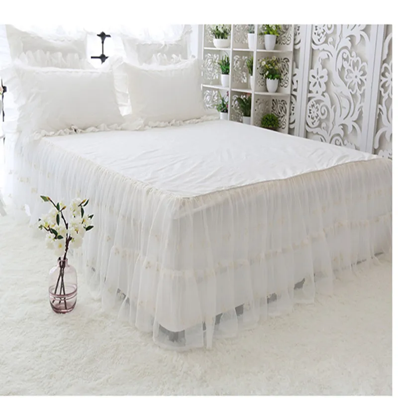 

Korean bed skirt with bed surface solid color white cotton embroidered lace bedspread 45cm height bed apron free shipping YYX
