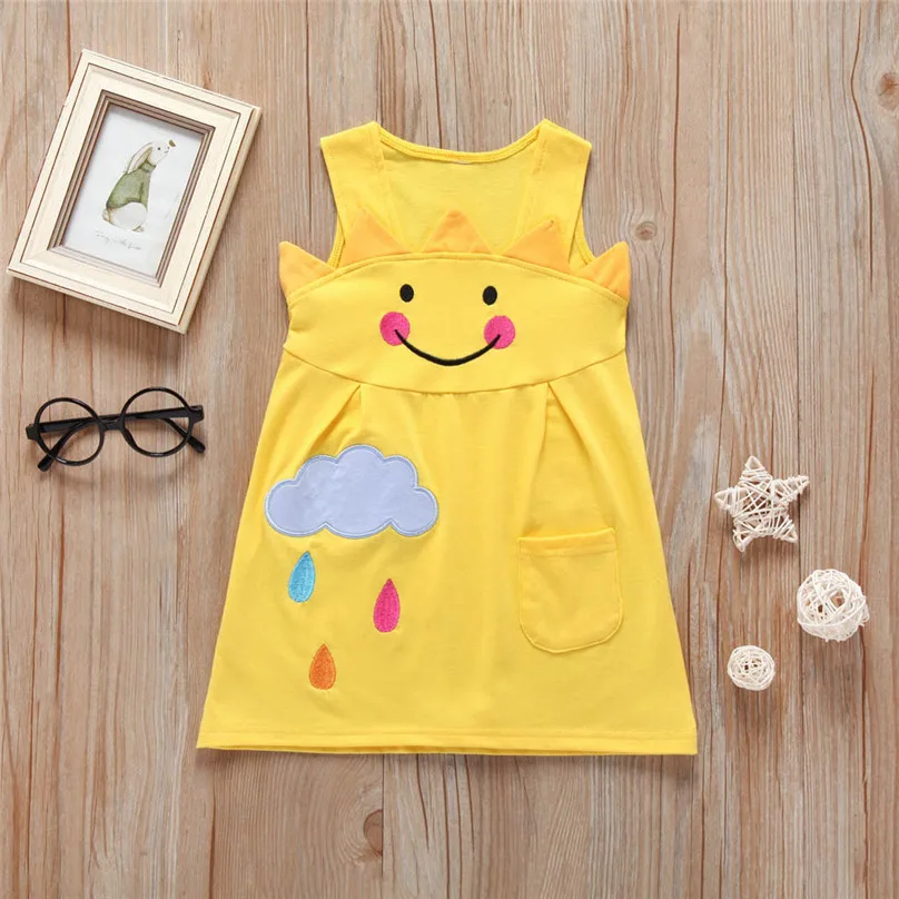 

Summer Kids Girls Dress Cotton Baby Girl Sleeveless Cartoon Sun Cloud Print Children Clothing Printed Princess Dre Clothing4JJ