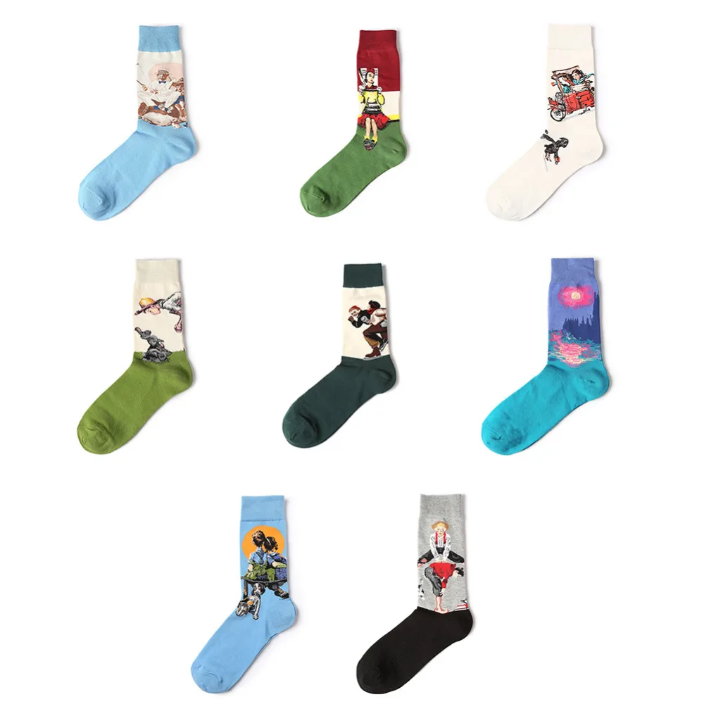 Винтажные хлопковые мужские носки с масляной росписью, ретро-носки, мужские повседневные уличные носки, Веселые носки Harajuku Sox Meias