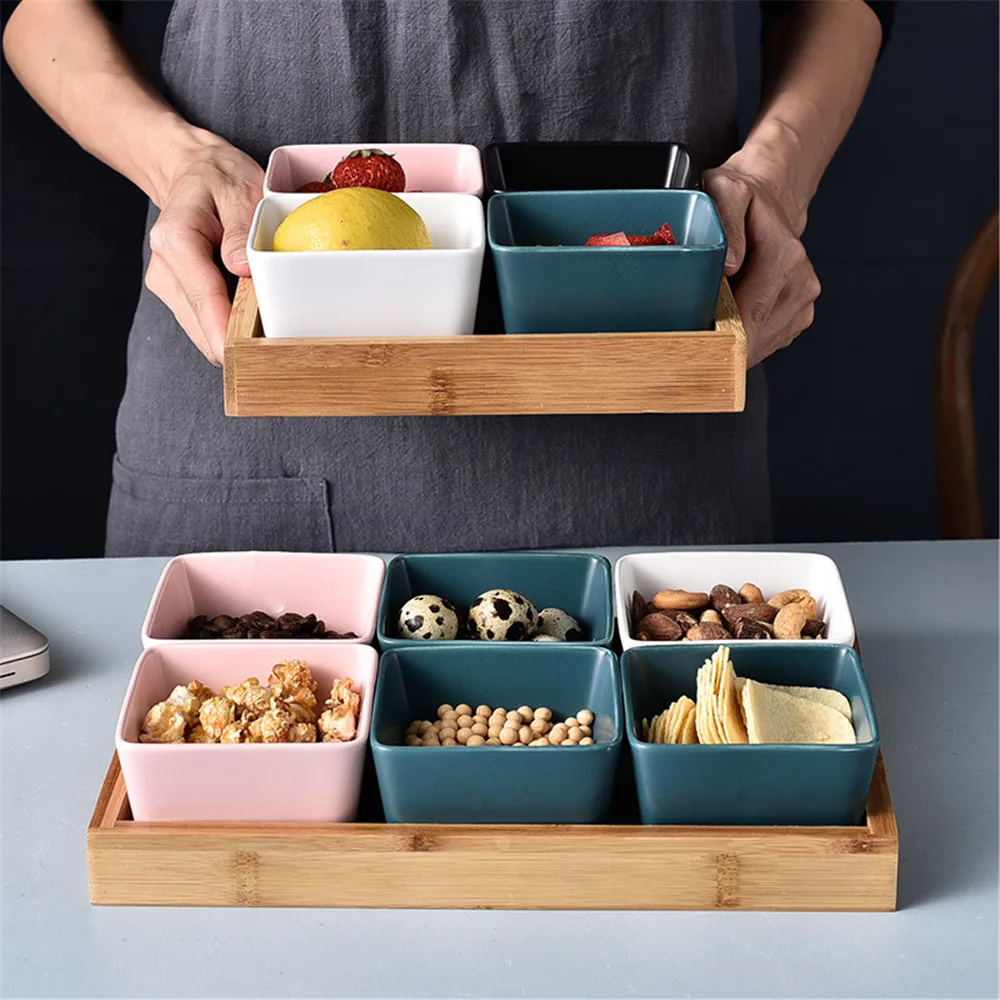 Настольная миска для закусок с деревянным поддоном, мини Изысканная керамическая тарелка для фруктов, кухонная посуда для приправ, японская посуда