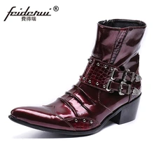 Большие размеры; Новое поступление; мужская обувь ручной работы на высоком каблуке с острым носком; мужские ковбойские мотоциклетные ботильоны из лакированной кожи с шипами; SL530