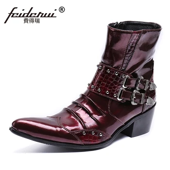 

Plus Size New Arrival Man High Heels Pointed Toe Handmade Shoes Patent Leather Studded Men's Cowboy Motorcycle Ankle Boots SL530