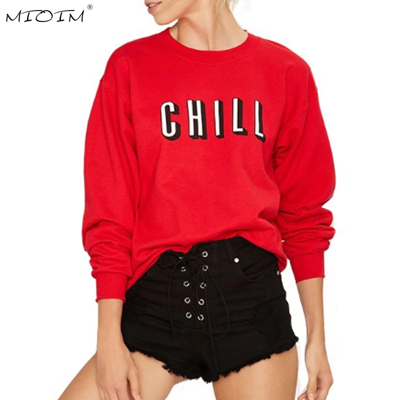 Осень Swetershirts Для женщин Red Brief Письма печати Свободные верхняя одежда с длинными
