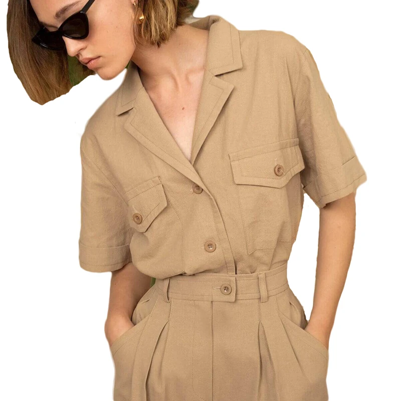 

Beige short sleeve notched collar pocket work shirts for women summer stylish casual loose ladies short tops for work