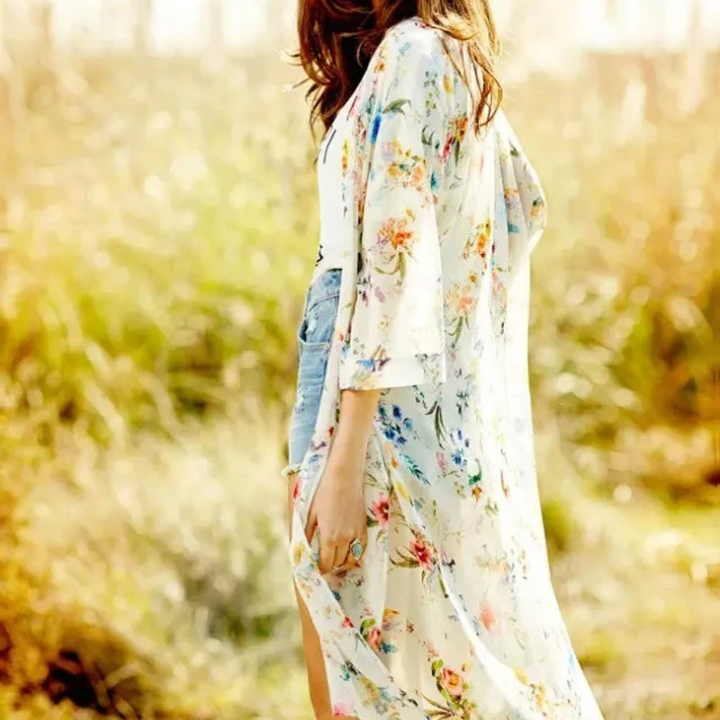 Boho Vintage Women Floral Loose Shawl Kimono Cardigan Chiffon Coat Cover Up Tops