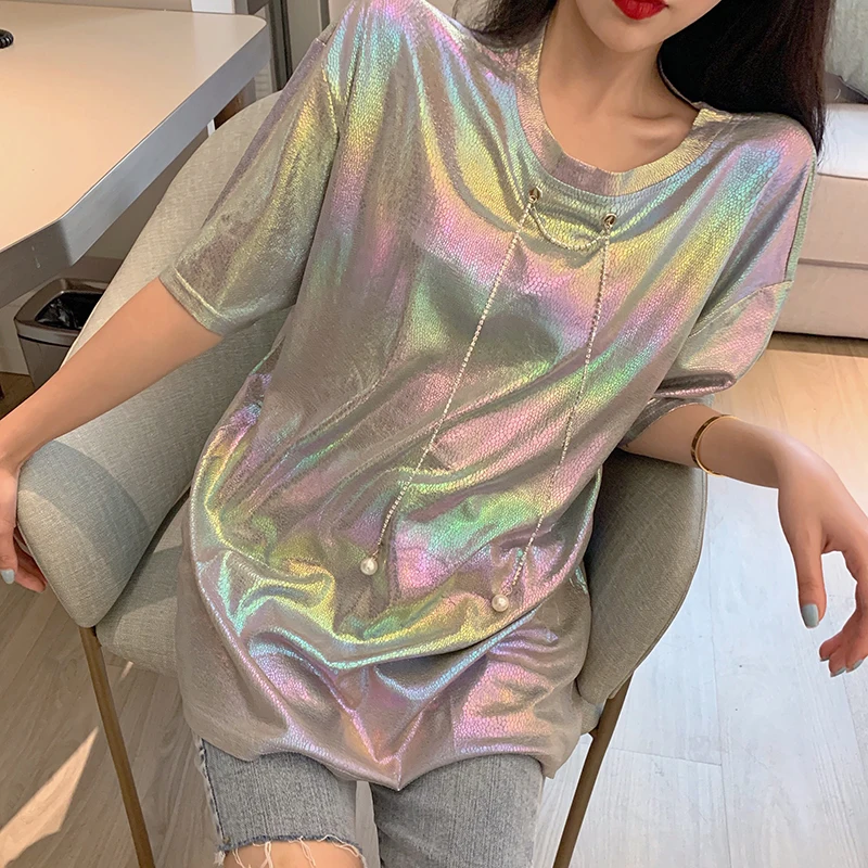 Женская модная цветная Сексуальная футболка с коротким рукавом и блестками, летняя футболка с круглым вырезом, вечерние футболки в стиле хип-хоп