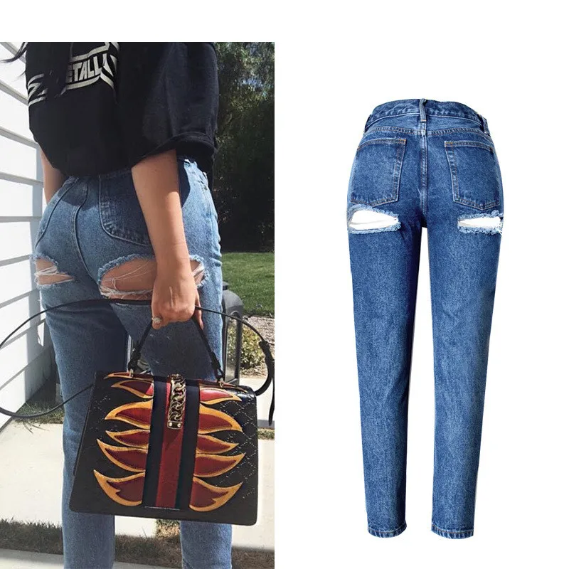 Super Sexy Butt Ripped Hole Jeans Slim Fit Women Jeans High Waist Exposed Hips Fashion Denim Women Boyfriend Skinny Jeans Femme