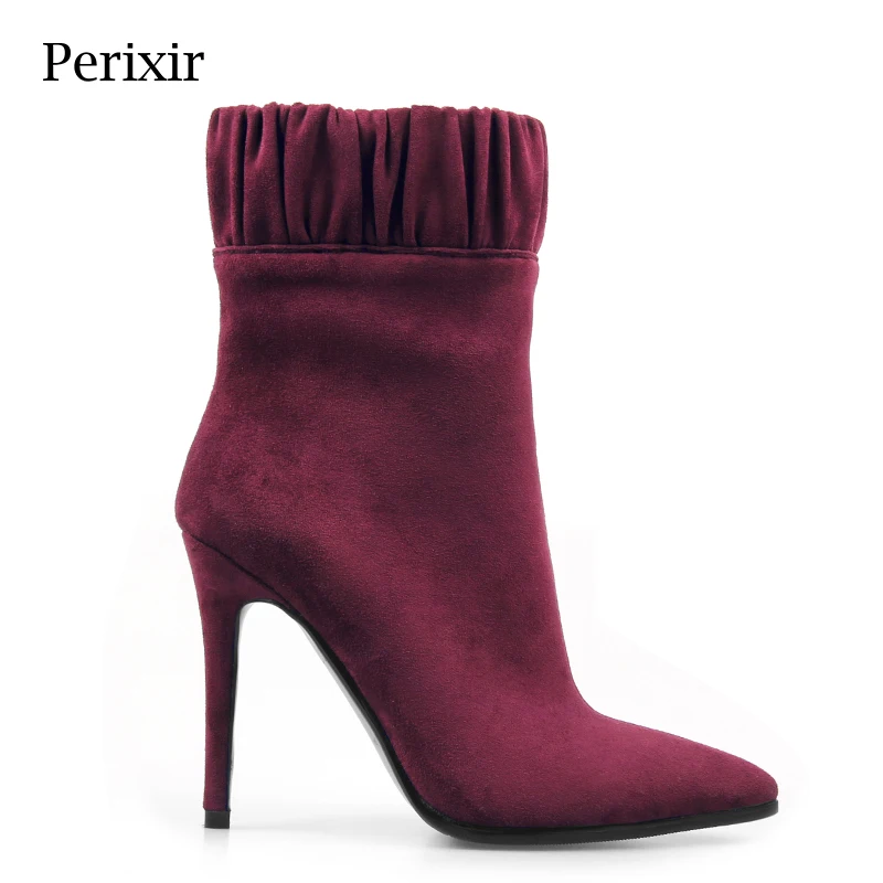 

Perixir Wine Red Women Flock Ankle Boots Short Plush Pointed Toe Solid Thin Heel High Heel Ankle Boots Rubber Boots
