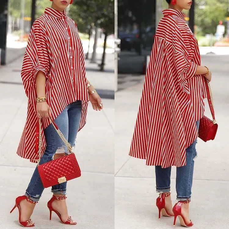 

Casual Autumn Fashion Ladies Shirt Women Red Stripe Print Blouse Batwing Half Sleeve Hi-Lo Hem Loose Long Tops