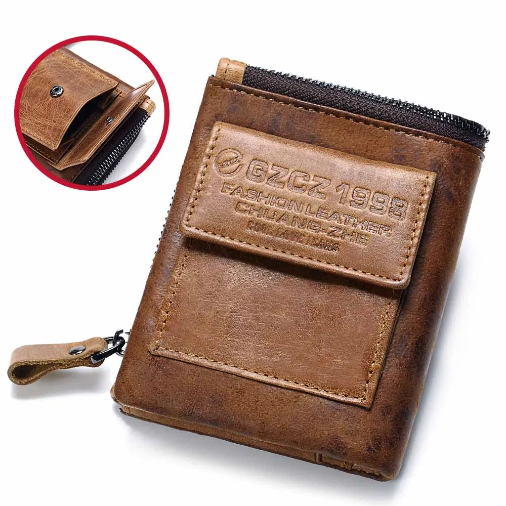 GZCZ Genuine Leather Men Wallet Fashion Coin Purse Card Holder Small Wallet Men Portomonee Male Clutch Zipper Clamp For Money