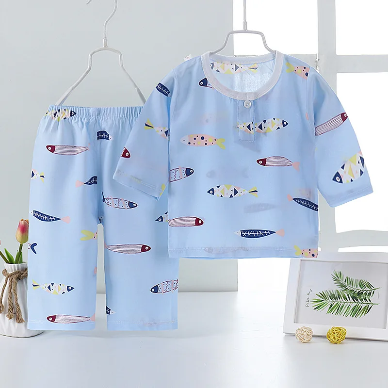 Новинка; комплект летней пижамы из 2 предметов для мальчиков и девочек; детская одежда для сна с рисунком кота, фламинго; комплект домашней одежды из поплина и хлопка средней длины