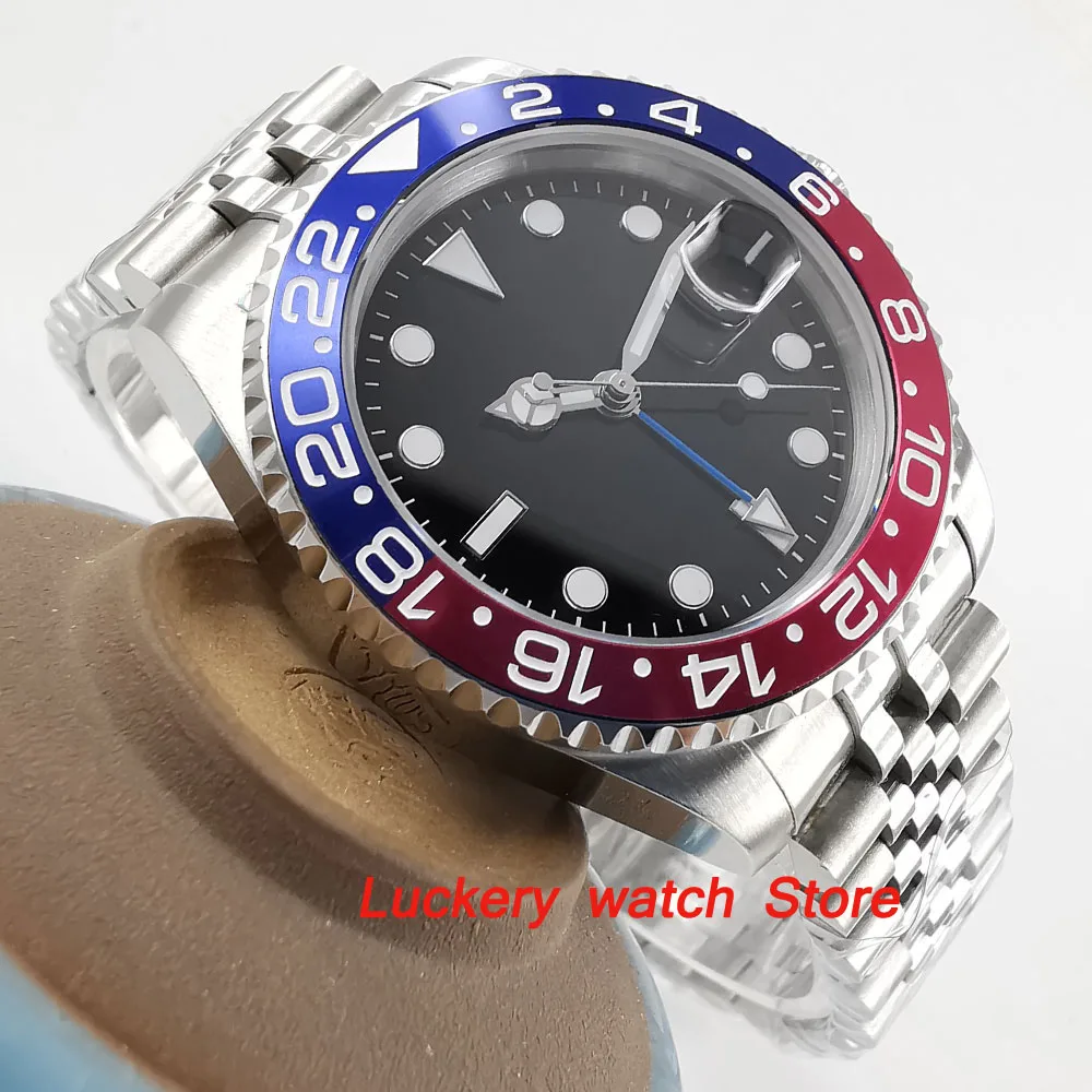 

40mm Parnis Blue and red Bezel black dial blue GMT hands luminous marks sapphire glass automatic Mens Watch-PA66