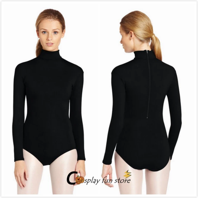 Plus Size Adult Lycra Black Nylon Womens Long Sleeve Turtleneck Leotard