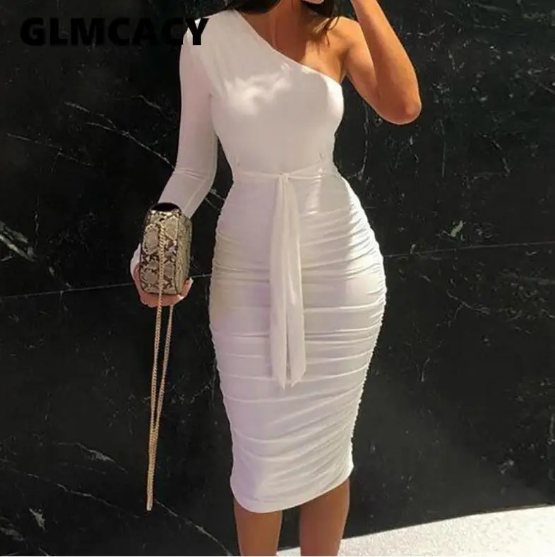 

Women Elegant Fashion Sexy White Cocktail Party Slim Fit Dresses One Shoulder Belted Ruched Design Bodycon Midi Dress