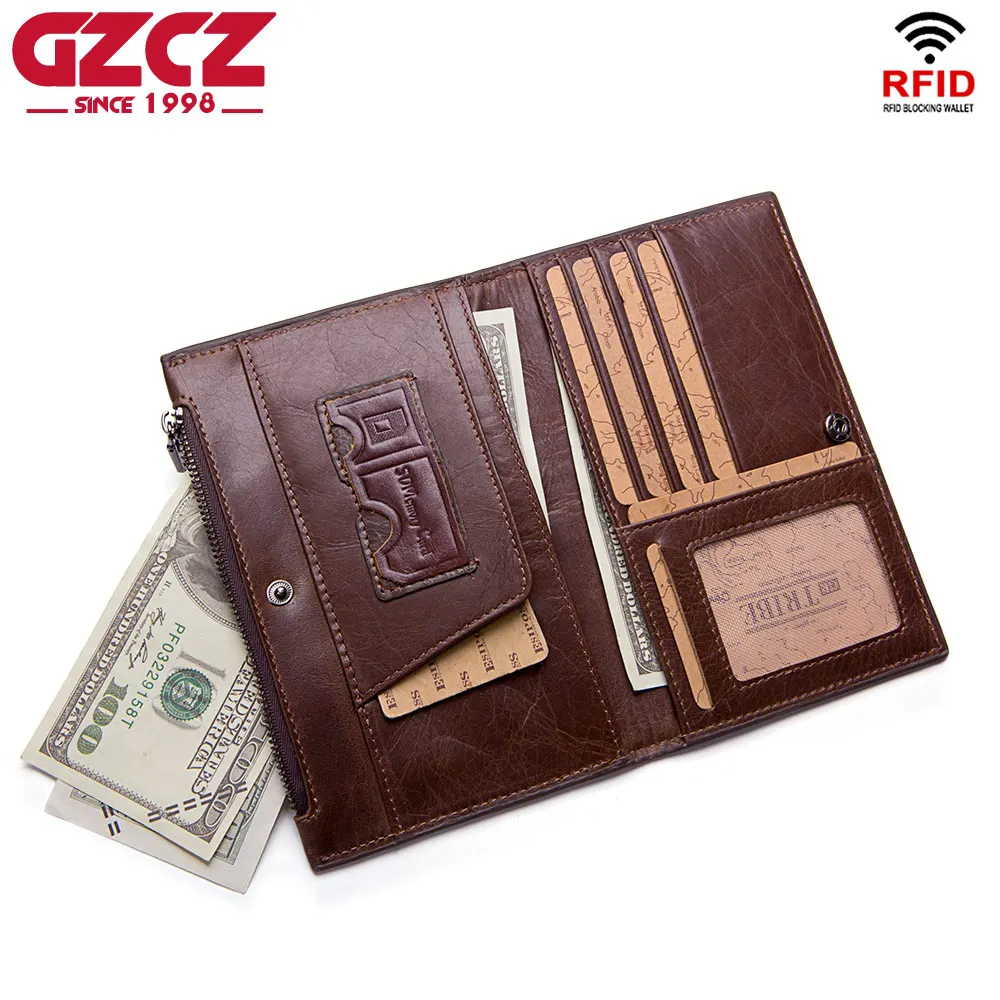 

GZCZ Men Wallet Clutch Genuine Leather Brand Rfid Wallet Male Organizer Cell Phone Clutch Bag Large Capacity Long Coin Purse