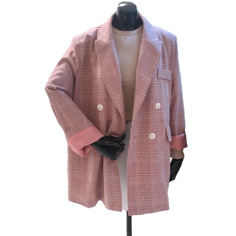 

2019 New Spring Autumn Fashion Loose Plaid Chic Blazer Women Long Sleeve Pink Suit Jacket Tops Ladies Casual Coats X577