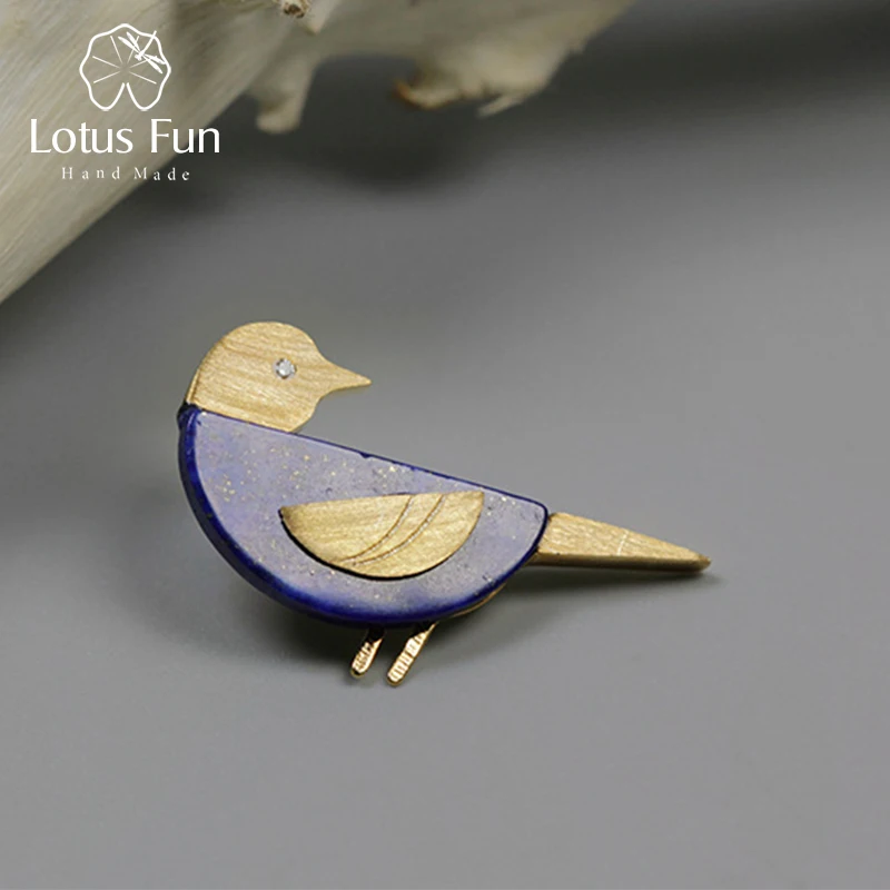 Lotus Fun реальные 925 серебро ручной работы Fine Jewelry натуральный Лазурит прекрасная птица броши для Для женщин