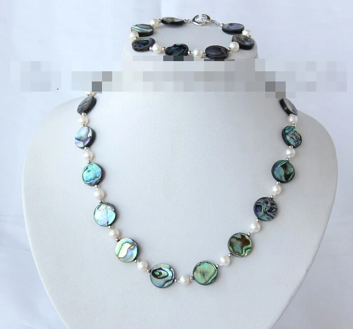 

free shipping 12601 round coin green abalone shell white pearl necklace bracelet set (A0423)