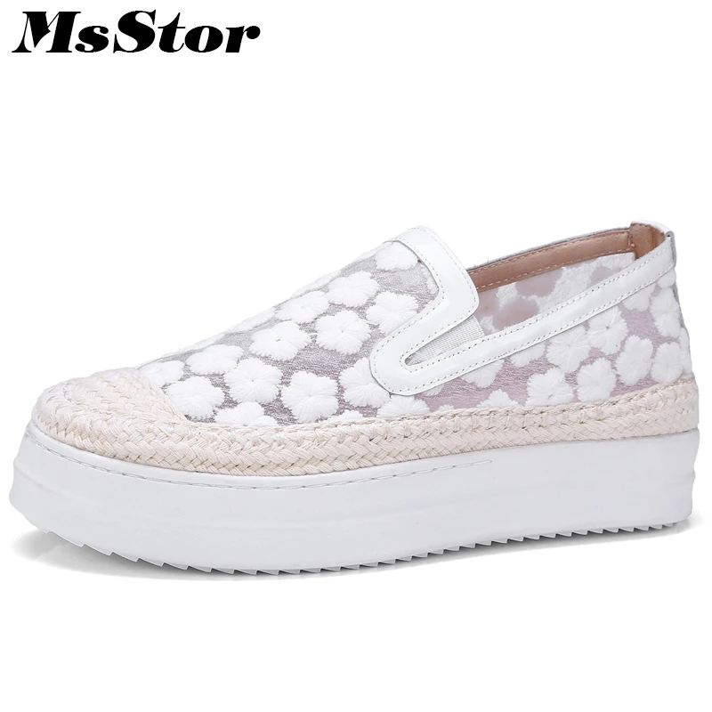 Glissement Mode Msstor Pour Plats blanc Rose Plates Respirant Rond 2018 Printemps Broder Bout Mesh Chaussures Nouveau Mocassins Femmes Blanc Sur Décontracté SqZXS