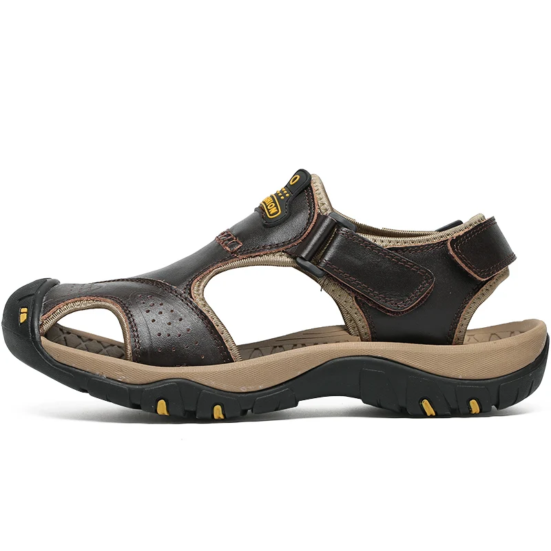 Мужские сандалии; брендовые летние сандалии из натуральной кожи; Мужские Пляжные шлепанцы для прогулок; спортивная мужская повседневная обувь на резиновой подошве; большие размеры - Цвет: 7238Darkbrown