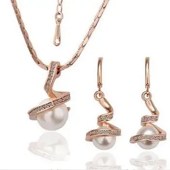 

Pearl Jewelry Rose Gold Earrings And Necklace Sets For Women Crystal Full Set