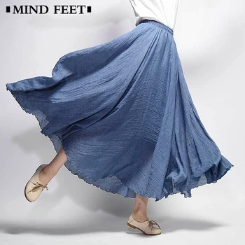 

MIND FEET Vintage Cotton Linen Women Skirts Summer Large Plus Size Half-body Tightness Loose Elastic Waist A-line Skirt Women