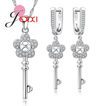 

Beautiful Hollow Flower Key Design Women Girls 925 Sterling Silver Fashion Jewelry Wholesale For Ladies Necklace + Earrings