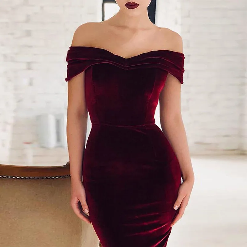 

2019 Autumn Velvet Dresses Women Regular Natural Fashion Solid Sexy Slim Sheath Off the Shoulder V-neck Women Dress Vestidos