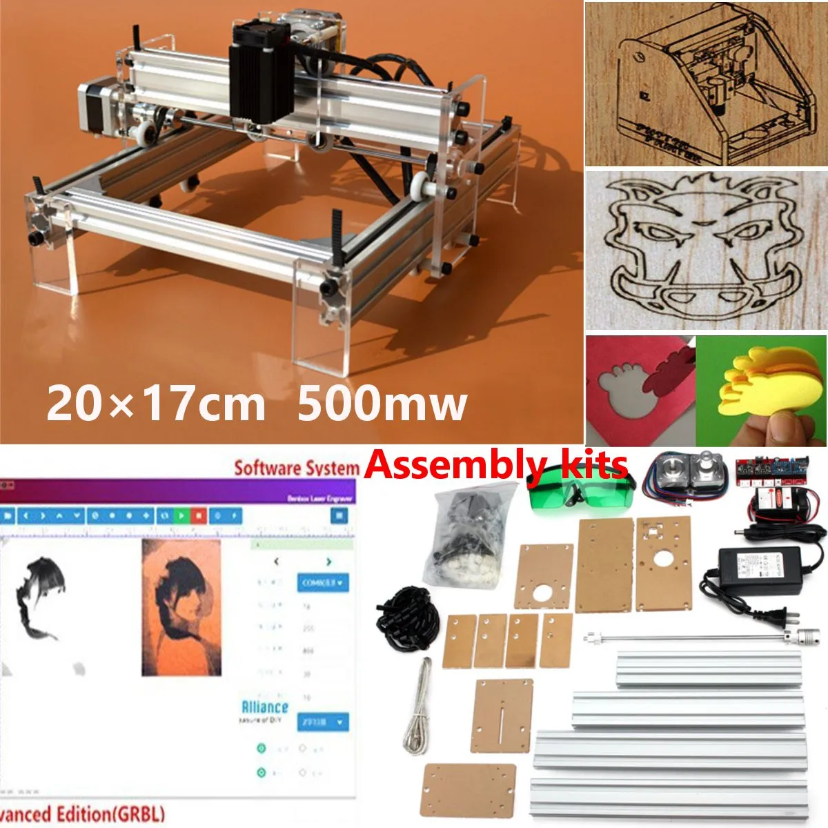 

500mW 20X17cm DIY Mini Desktop Blue Laser Engraving Engraver Machine CNC Wood Router/Printer/Cutter/Power Adjust + Laser Goggles