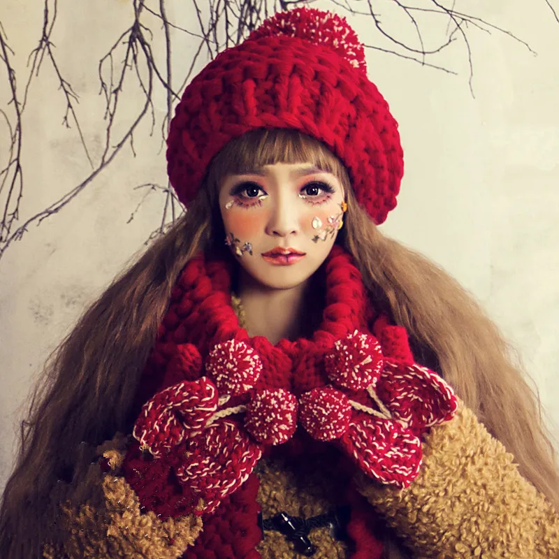 Ceny Czapka i Szalik i Rękawiczki BomHCS Garnitur Słodkie Kobiety Winter Warm 100% Ręcznie Dzianiny Kapelusz Czapki Prezent