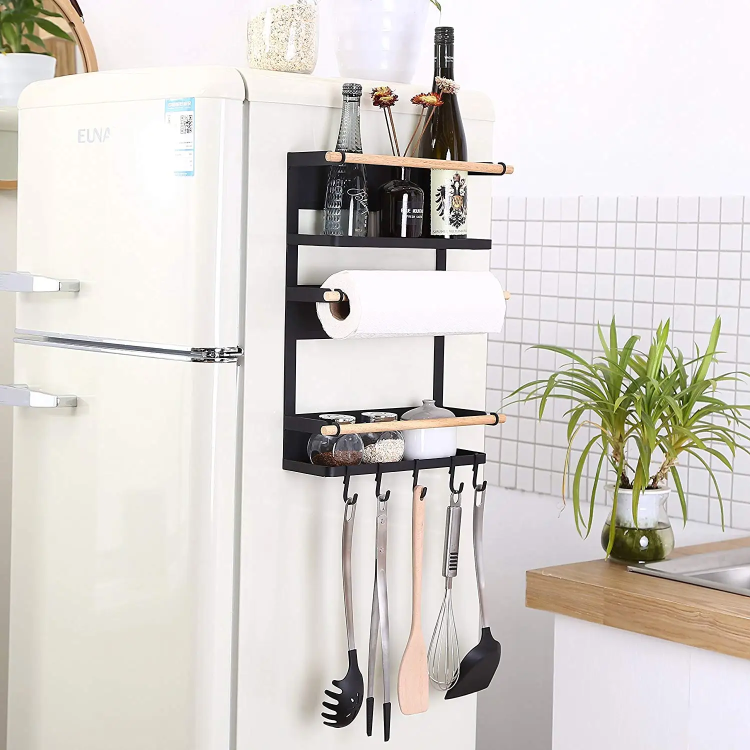 Кухонная стойка на холодильник, магнитный Органайзер-держатель для бумажных полотенец, стойкие стойки для банок, полка для хранения холодильника, 6 съемных крючков