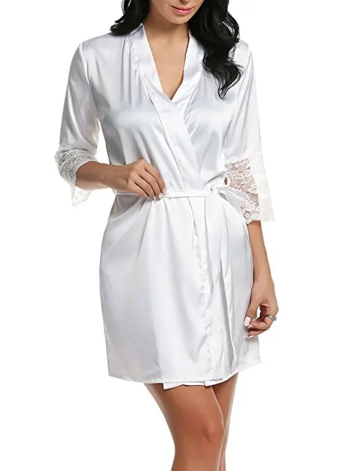 Сексуальный женский кружевной Атласный халат, однотонная мягкая ночная рубашка, ночная рубашка, кимоно, халат, одежда для сна, Свадебный халат для невесты, подружки невесты - Цвет: white