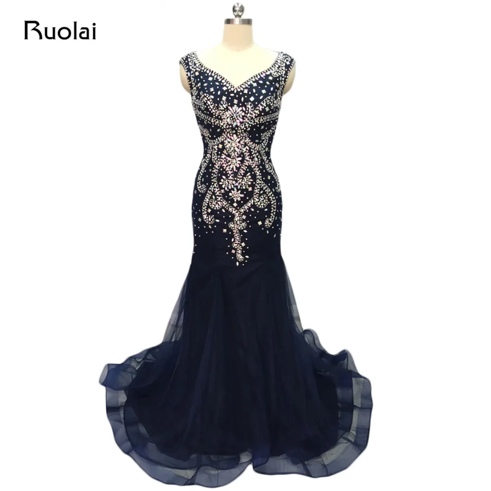 

Real Photo Luxury Mermaid Evening Dresses Long Dark Navy Prom Dresses 2017 Heavy Beaded Crystal Party Gown Robe de Soiree MD12