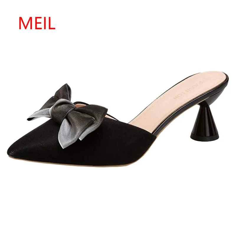 

Women's Mules Shoes Women Bow Tie 2018 Female Half Slippers Casual Shoes Spring Summer Lady Pointed High-heels Slides Slippers