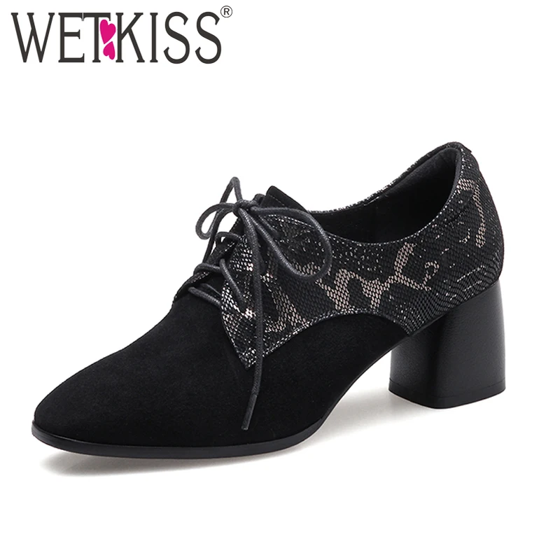 

WETKISS 2018 Spring Women Shoes Genuine Suede Embossed Leather Pumps Cross tied Fashion Heels Female Footwear Pigskin Liner