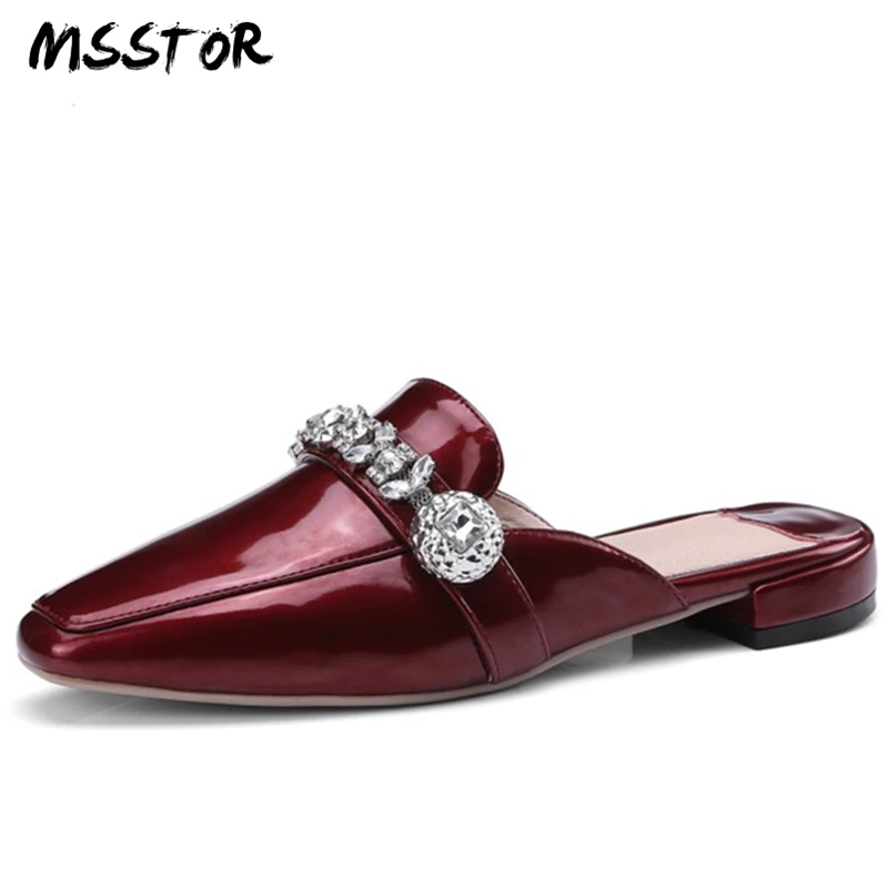 

MSSTOR Crystal Mules Shoes Women Fashion Casual Patent Leather Wine Red Concise Summer Women Shoes 2018 Squar Toe Women Slippers