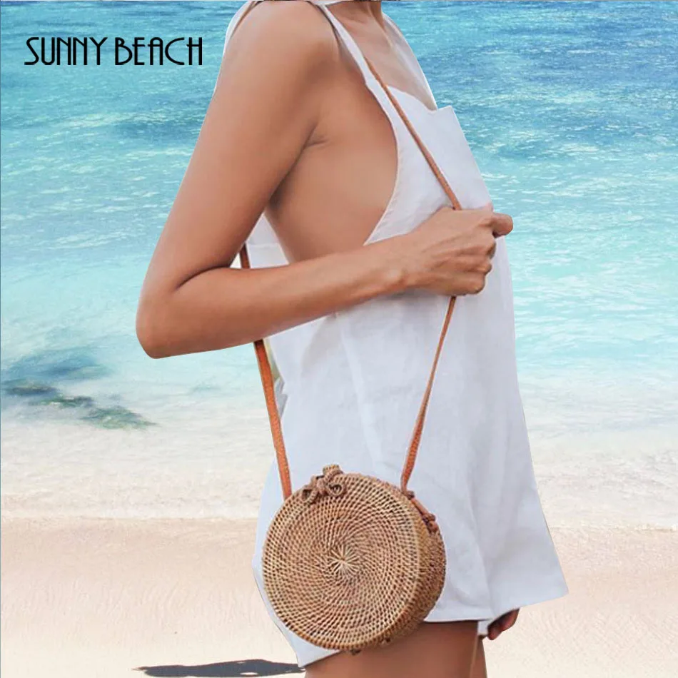 

SUNNY BEACH Fashion Round Straw Bags Women Rattan Bag Handmade Woven Beach Crossbody Bag Bohemia Handbag Bali Messenger