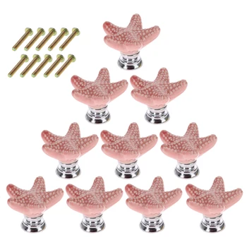 

10pcs Ceramic Starfish Shaped Pull Handle Creative Doorknob For Cabinet Drawer Wardrobe Door Cabinet Knobs And Handles - Pink