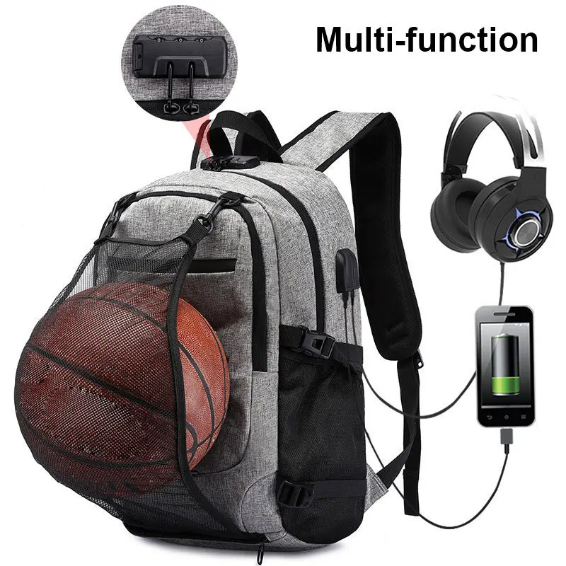 

Basketball Ball Mesh bag Waterproof Laptop USB Headphone Jack Schoolbags Women Men Anti Theft Lock Bagpack Teenagers Backpack