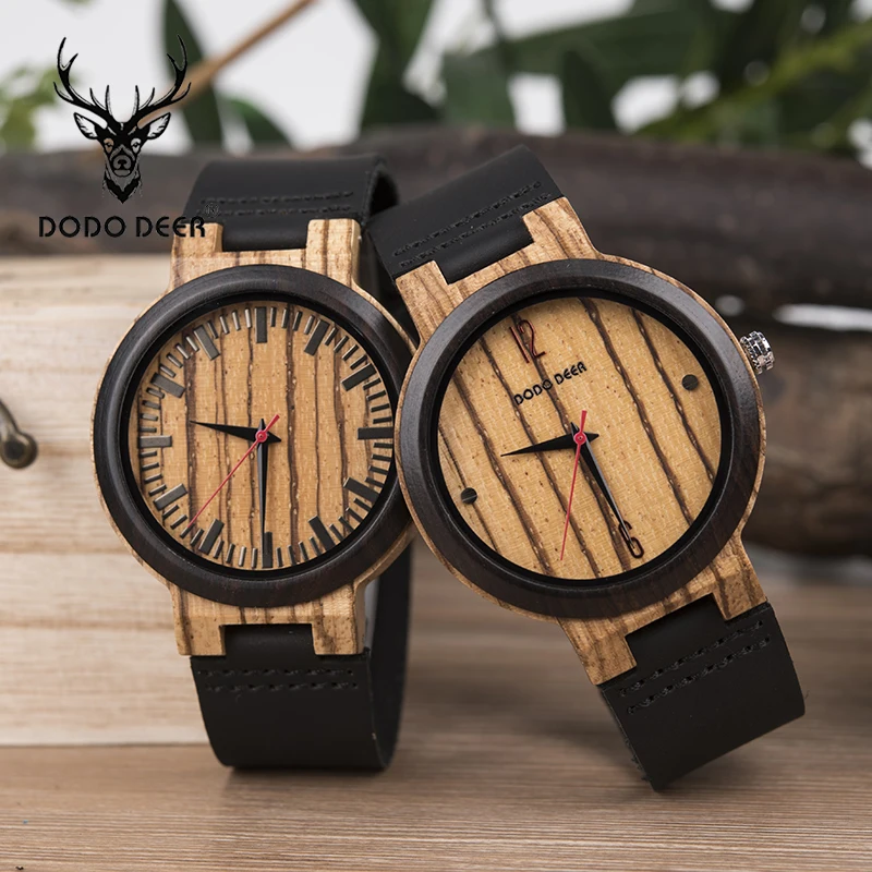 

DODO DEER Zebra Wood Men Handmade Wooden Watch for Men Customize logo Fashion Leather Wristwatch Accept Dropshipping B02