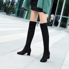 Сапоги выше колена; зимние женские сапоги из флока с круглым носком; женские модные сапоги из эластичной ткани на шнуровке; a669