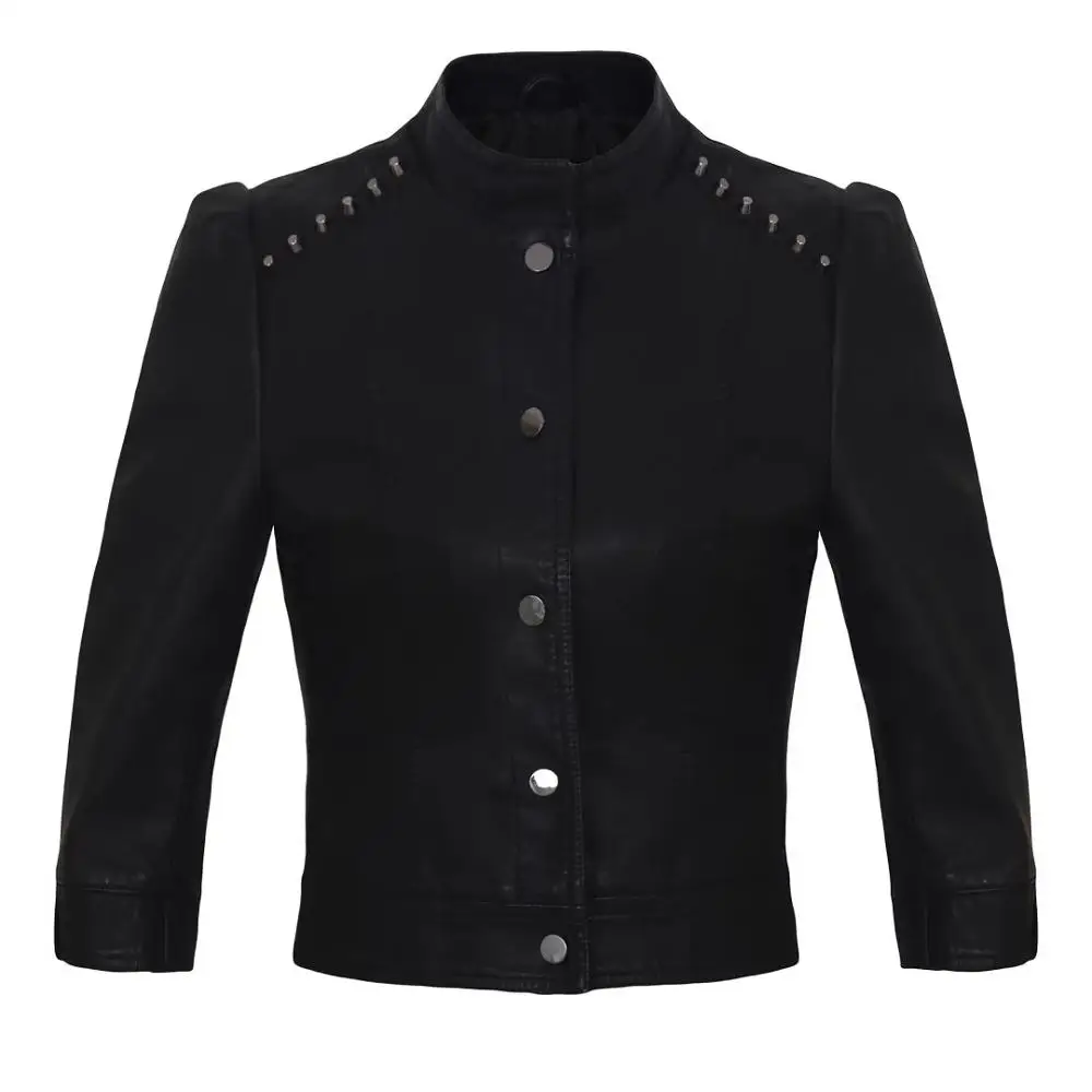 Женские черные куртки на пуговицах, осенняя короткая черная тонкая локомотив из полиуретана, кожаная укороченная куртка с шипами, облегающие Женские топы
