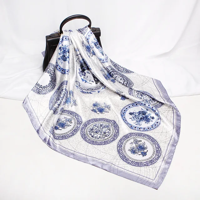 Fashion Kerchief Hair Scarf For Women Print Silk Satin Hijab Scarfs 90*90cm Square Neckerchief Headband Scarves For Ladies 2021 W42527