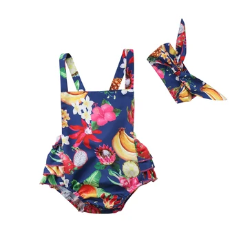 

Newborn Baby Girl Clothes Flower Bodysuit Fruit Jumpsuit +Headband Ruffle Casual Strap Outfit Set Infant Girls Sunsuit Playsuit