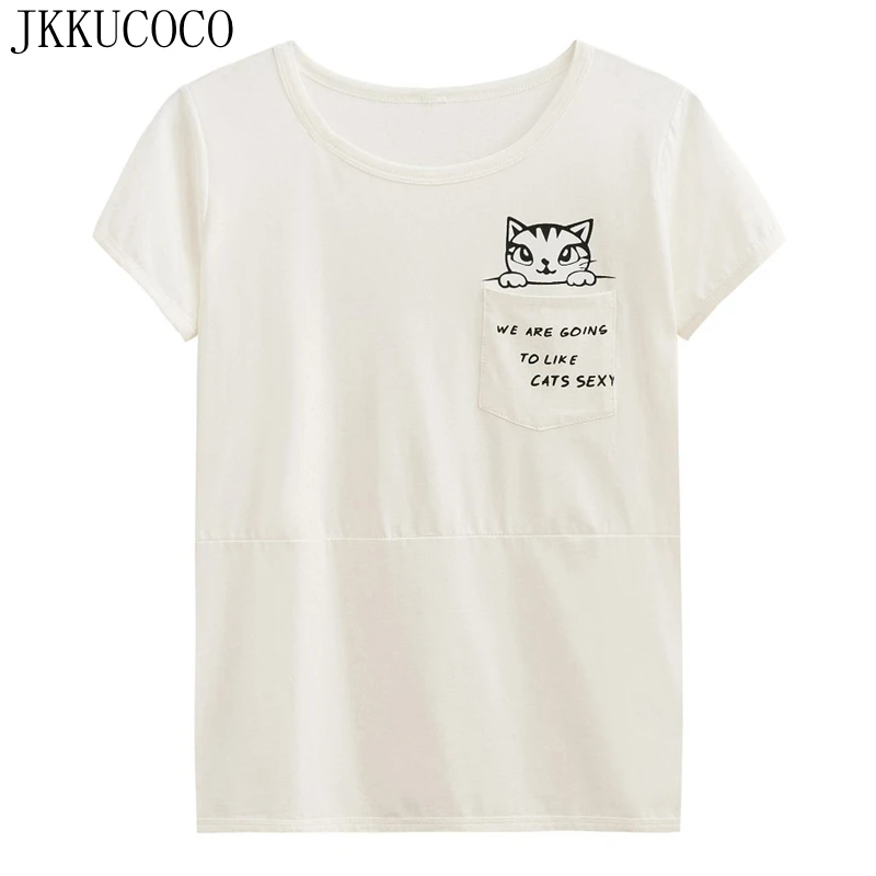 JKKUCOCO Top Hot Tees Print Cat Pocket Cotton T shirt Women t shirt ...